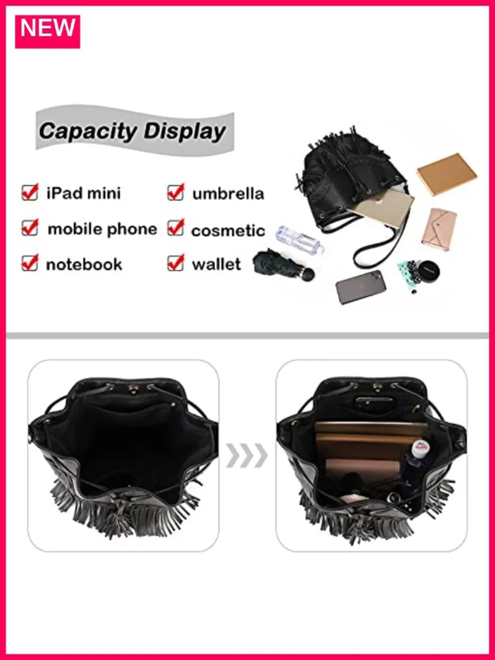 Faux Leather Fringe Bucket Bag Crossbody Purse with Drawstring Tassel Hobo